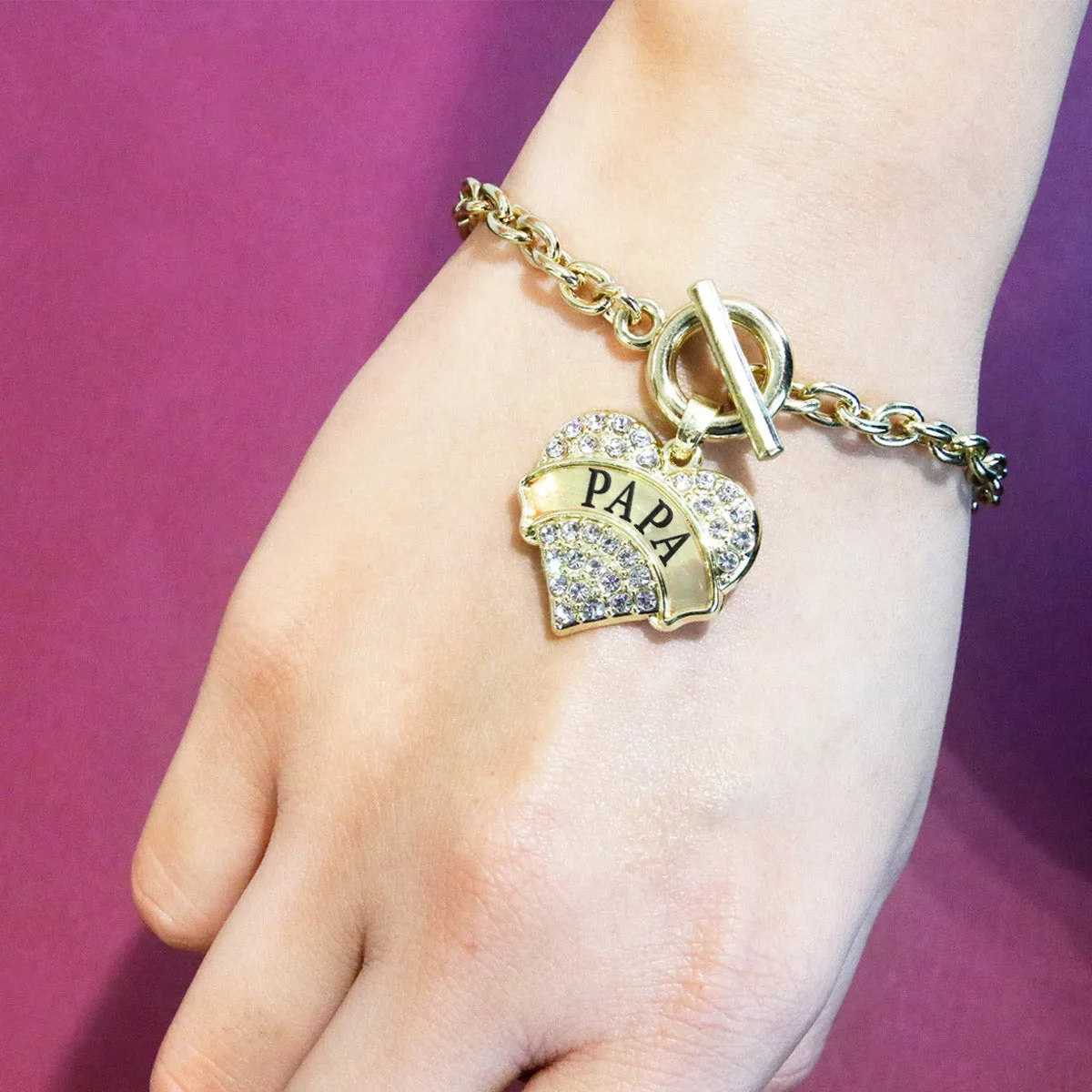 Gold Papa Pave Heart Charm Toggle Bracelet