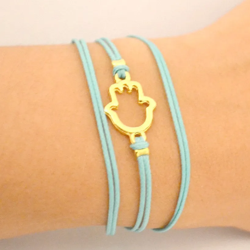Gold plated wrapped Hamsa bracelet, turquoise cord, evil eye protection