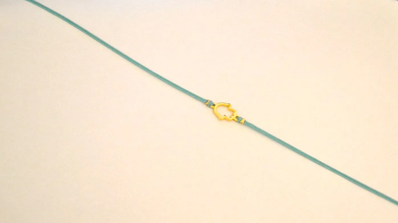 Gold plated wrapped Hamsa bracelet, turquoise cord, evil eye protection