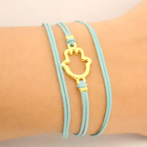 Gold plated wrapped Hamsa bracelet, turquoise cord, evil eye protection