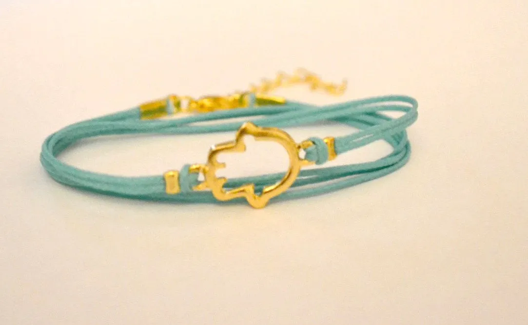 Gold plated wrapped Hamsa bracelet, turquoise cord, evil eye protection