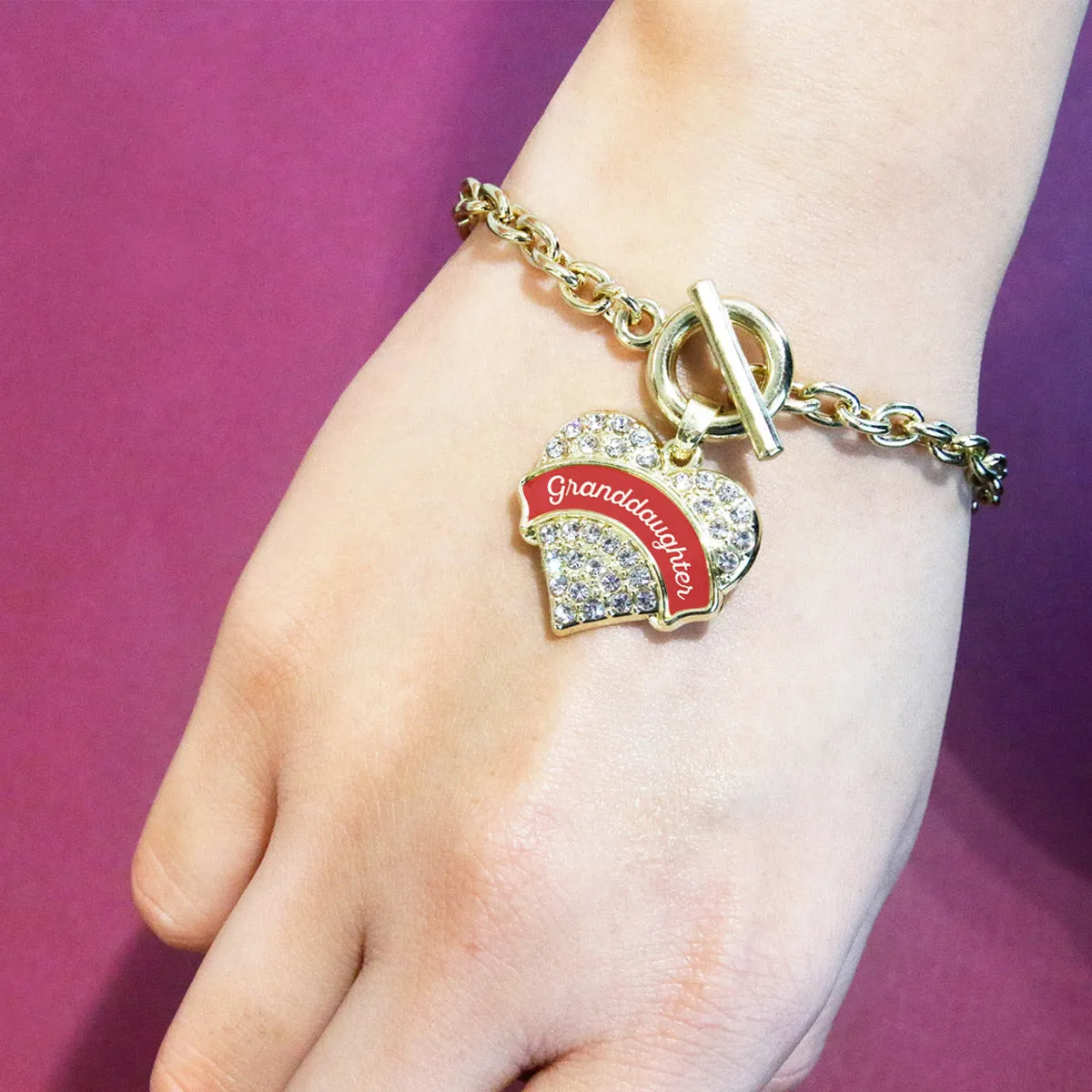 Gold Red Granddaughter Pave Heart Charm Toggle Bracelet