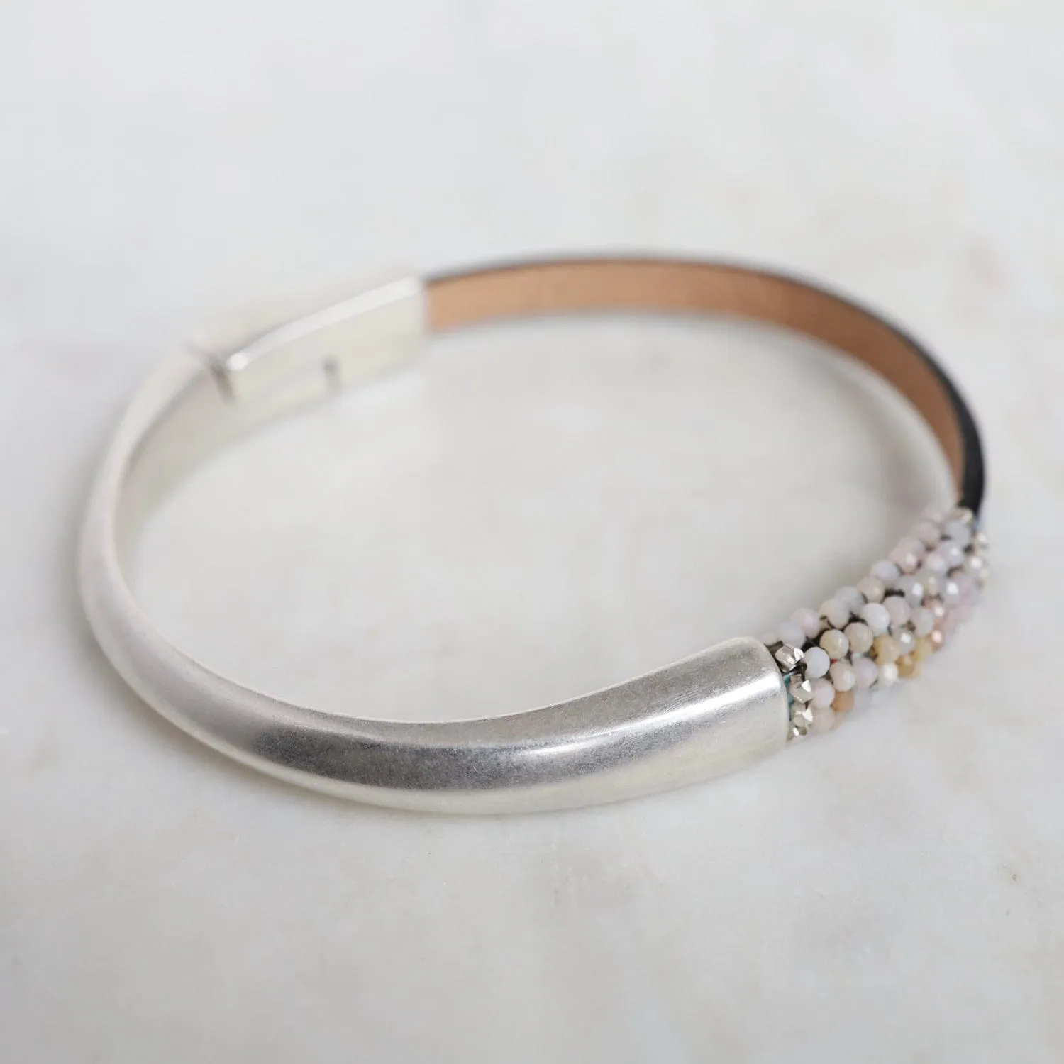 Hand Stitched Tiny Pink Opal on Painted Leather & Silver 1/2 Cuff