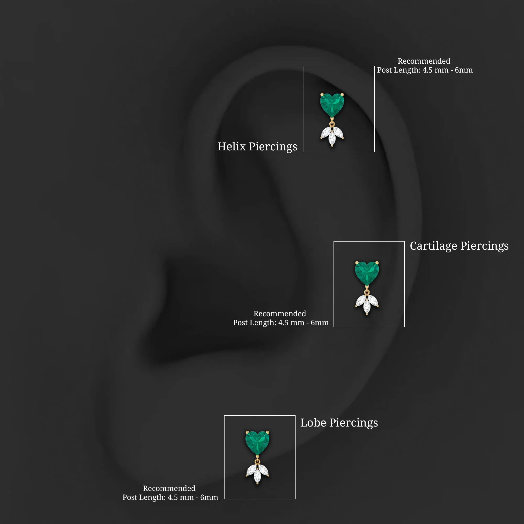 Heart Created Emerald and Moissanite Helix Drop Earring