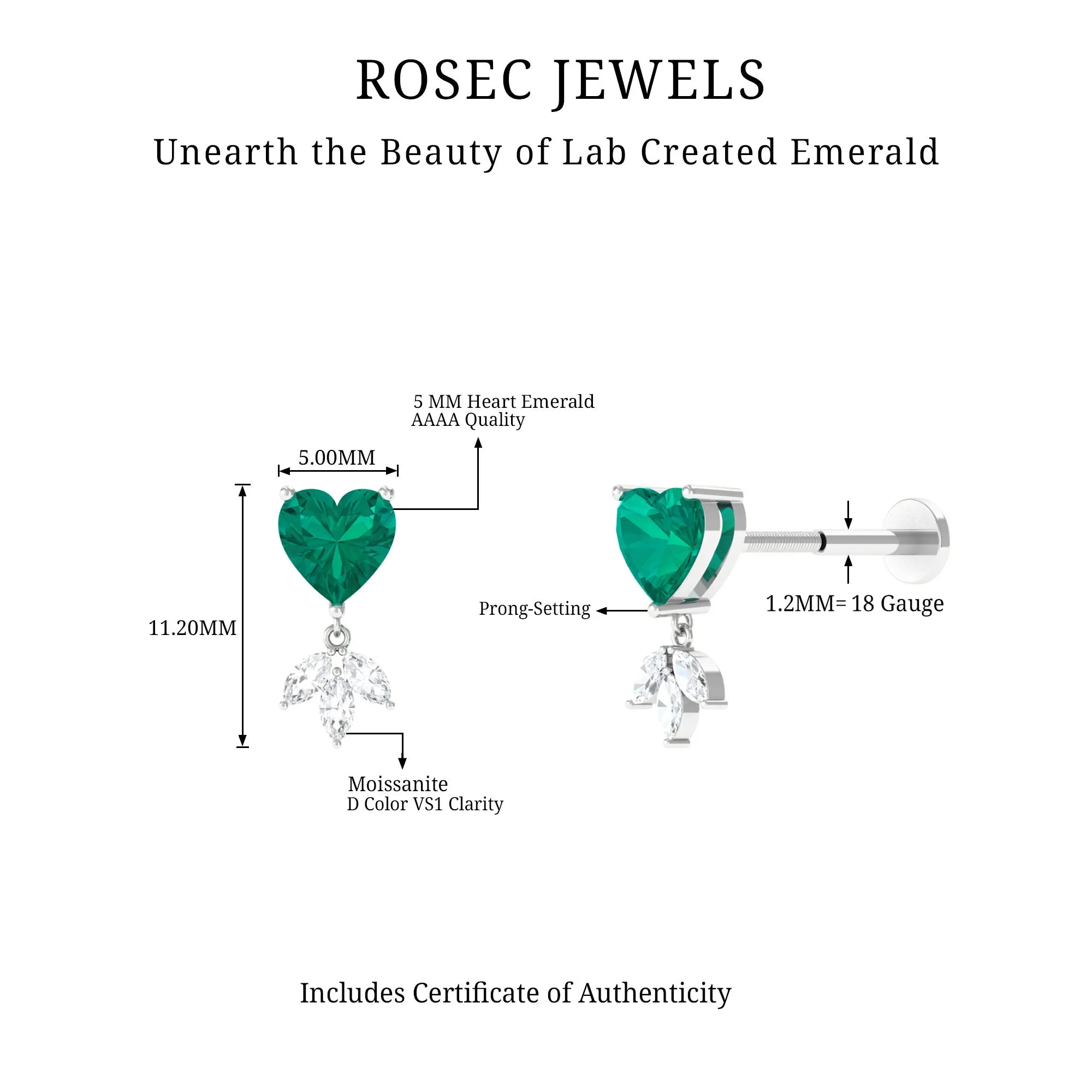 Heart Created Emerald and Moissanite Helix Drop Earring
