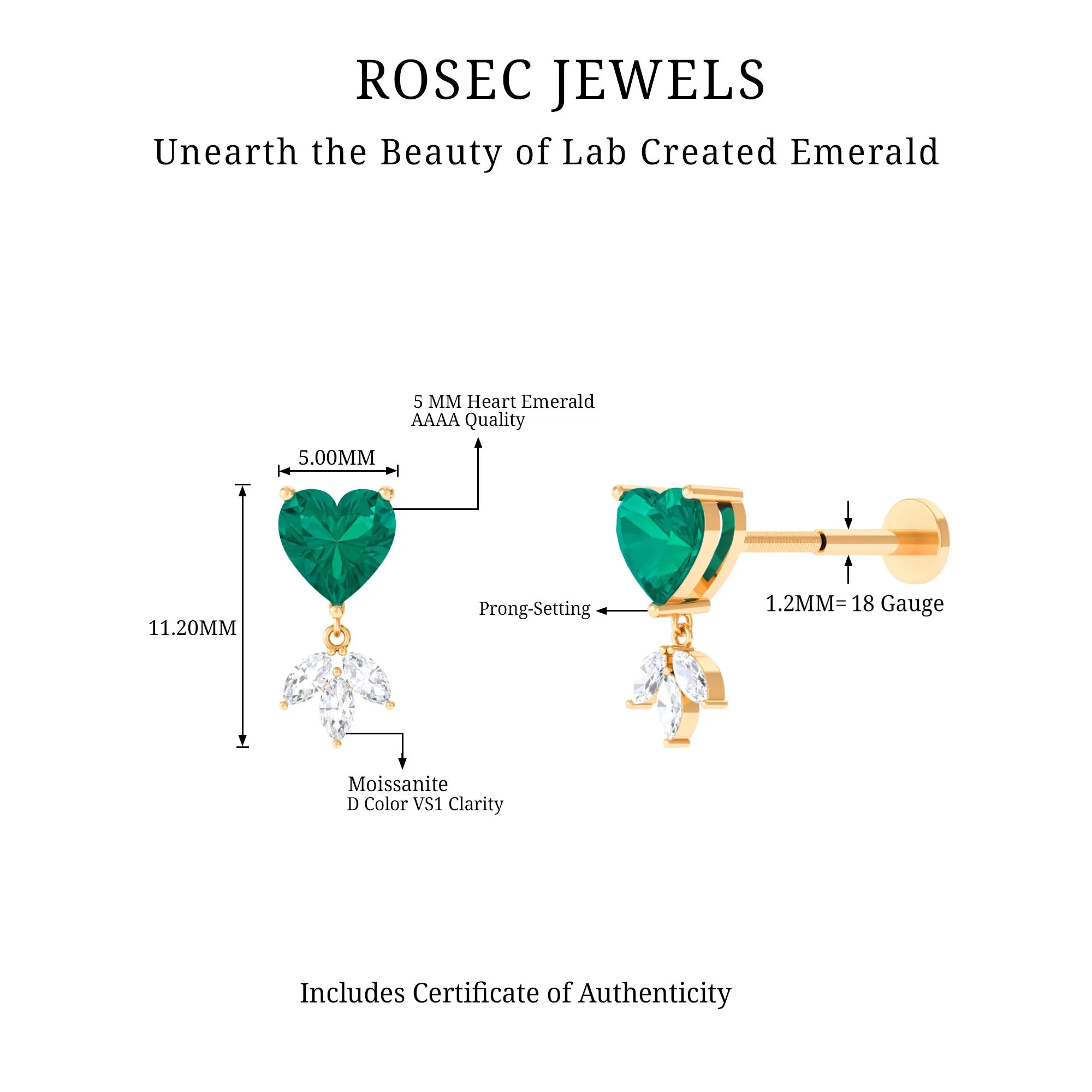 Heart Created Emerald and Moissanite Helix Drop Earring
