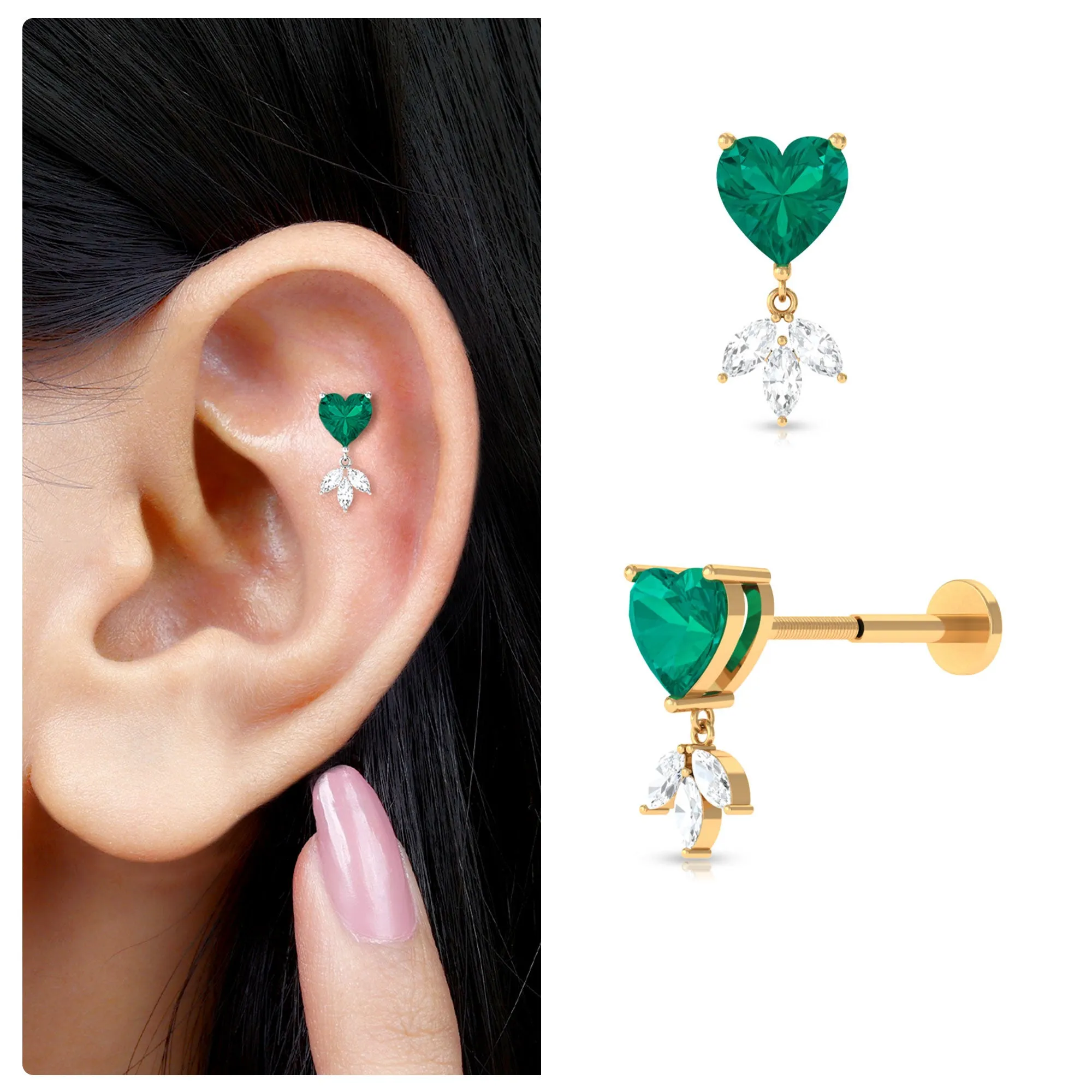 Heart Created Emerald and Moissanite Helix Drop Earring