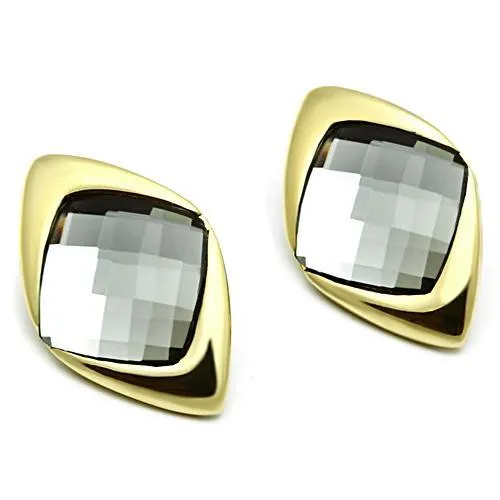 IP Gold(Ion Plating) Brass Earrings with Synthetic Synthetic Glass in Black Diamond for Women Black Diamond Stone Color Style GL341