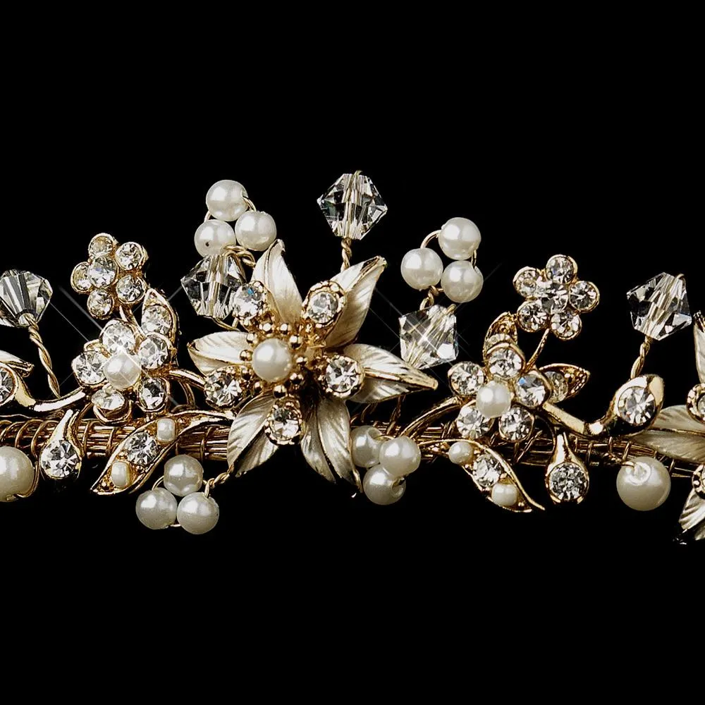 Ivory Pearl & Crystal Star Flower Bridal Tiara in Gold