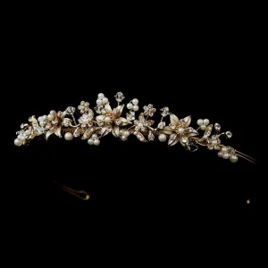 Ivory Pearl & Crystal Star Flower Bridal Tiara in Gold