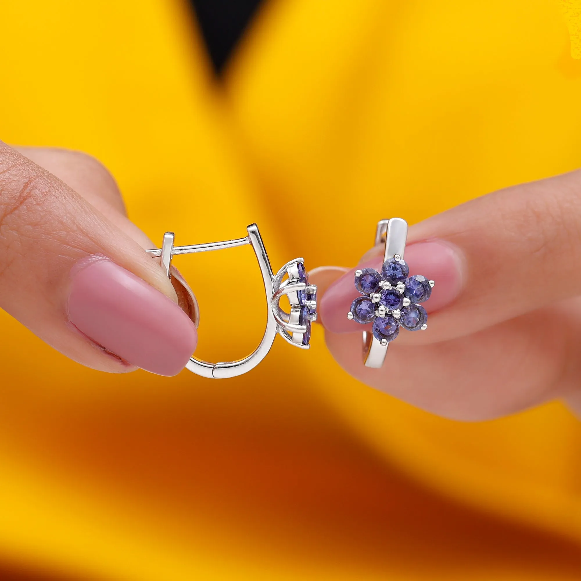 J Hoop Floral Earrings with Round Shape Tanzanite