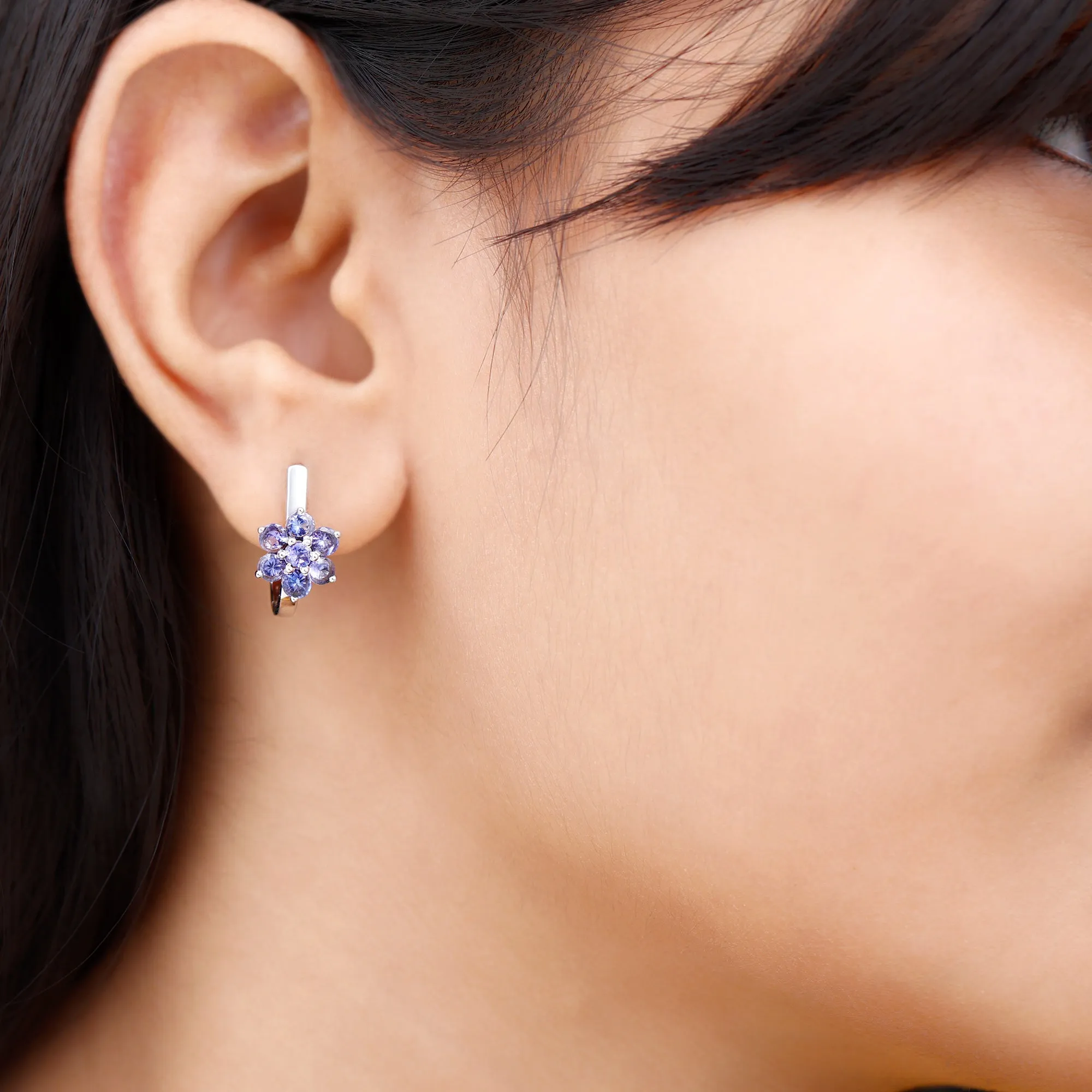 J Hoop Floral Earrings with Round Shape Tanzanite