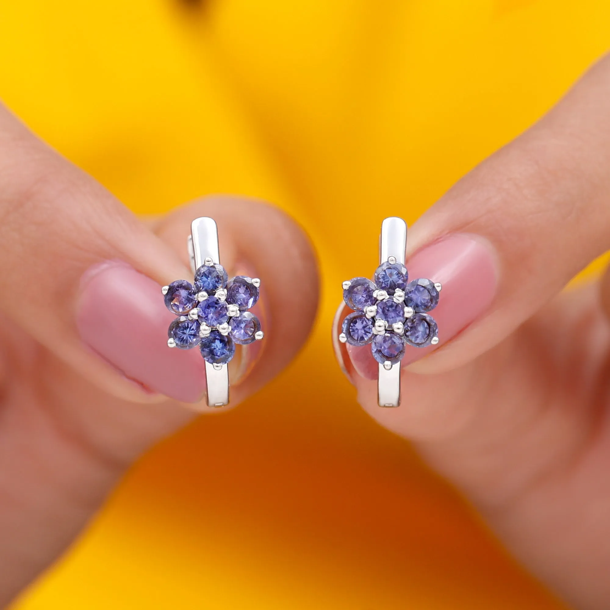 J Hoop Floral Earrings with Round Shape Tanzanite