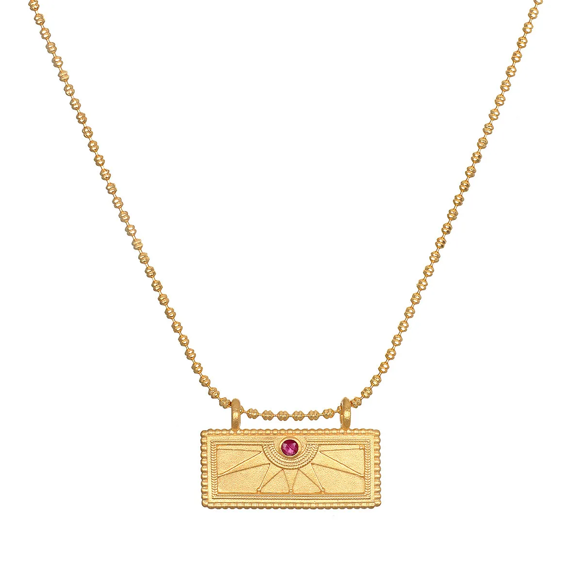 July Ruby Sunburst Birthstone Tablet Necklace