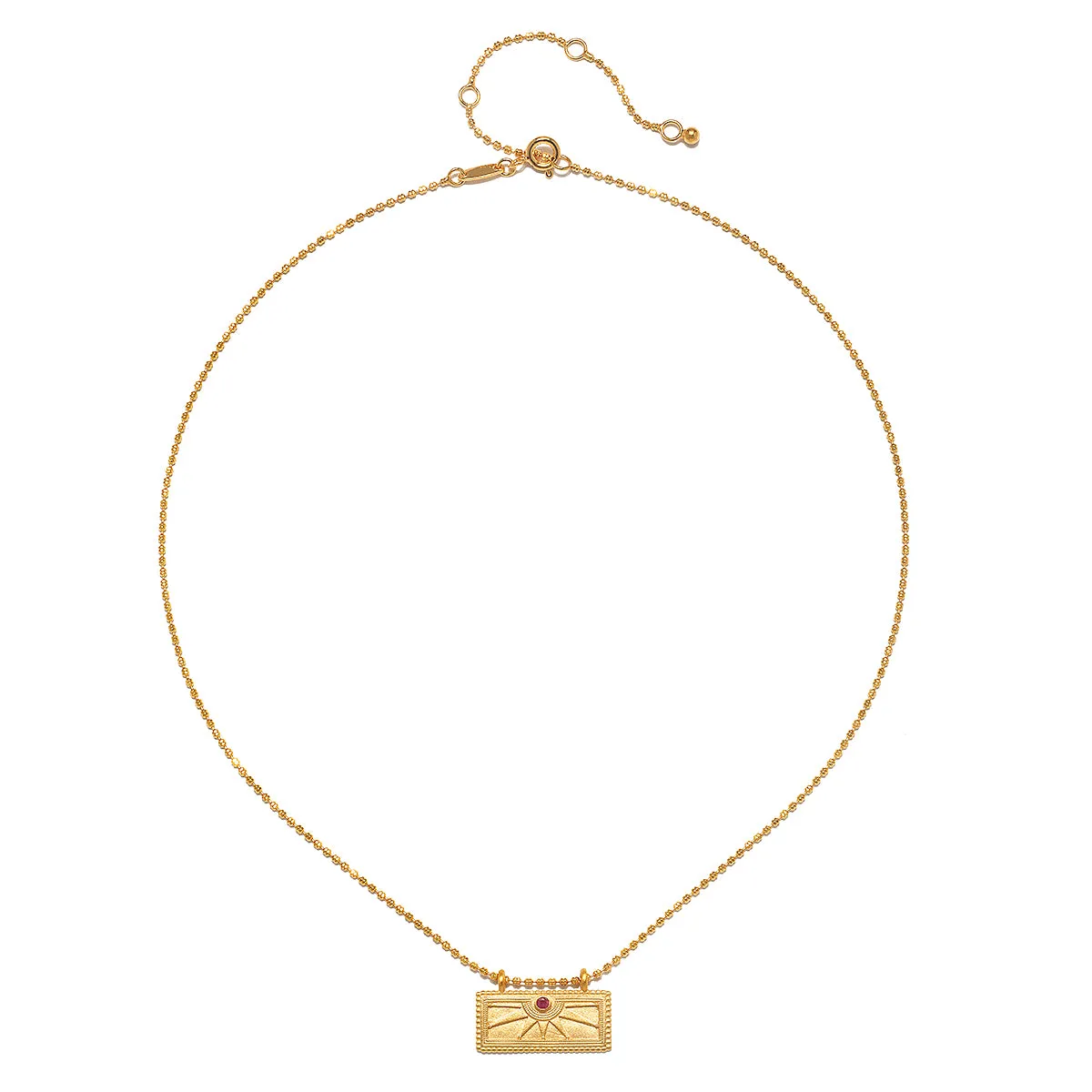 July Ruby Sunburst Birthstone Tablet Necklace