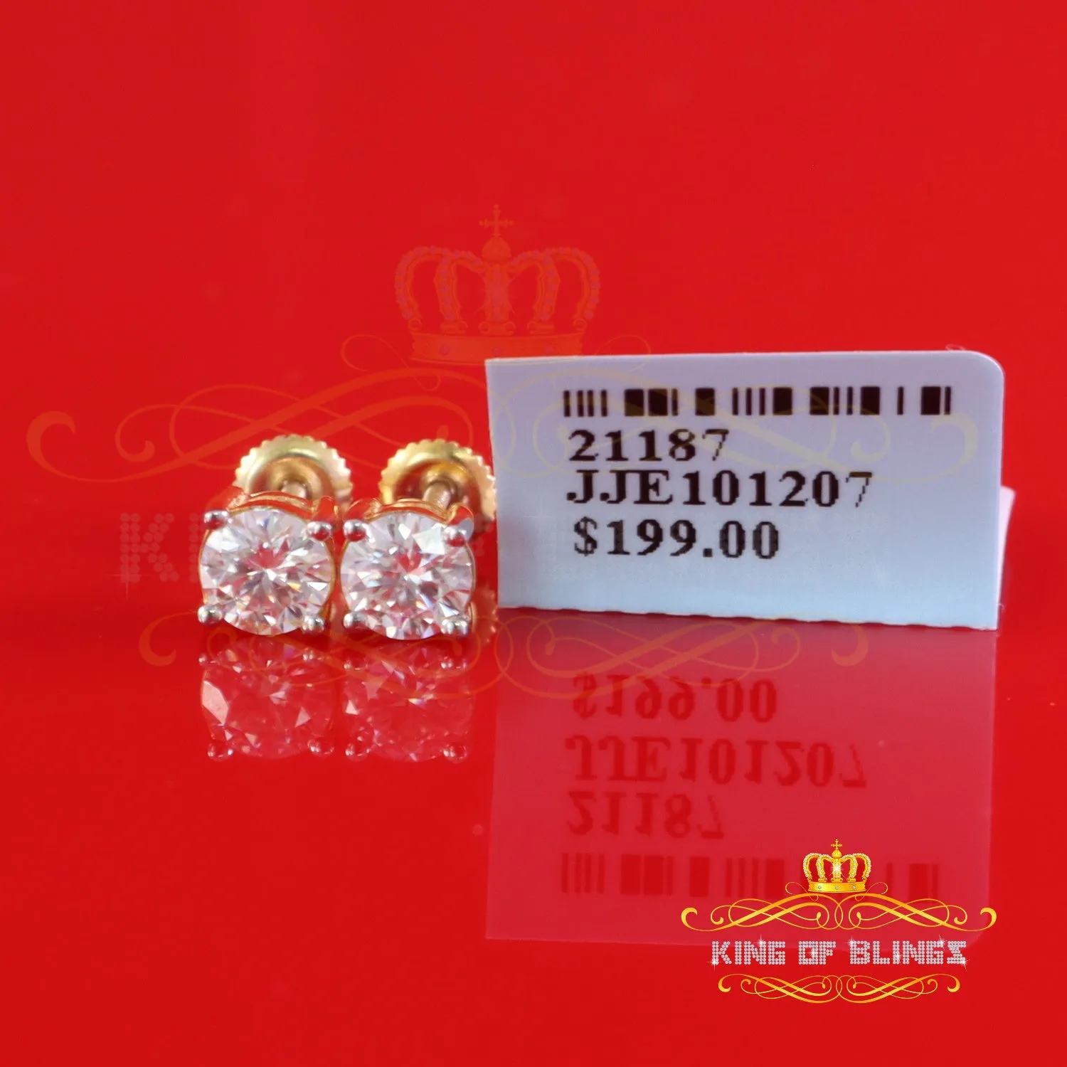 King  of Bling's 1.00ct VVS 'D' Moissanite Men's/Womens 925 Silver Yellow Round Stud Earrings