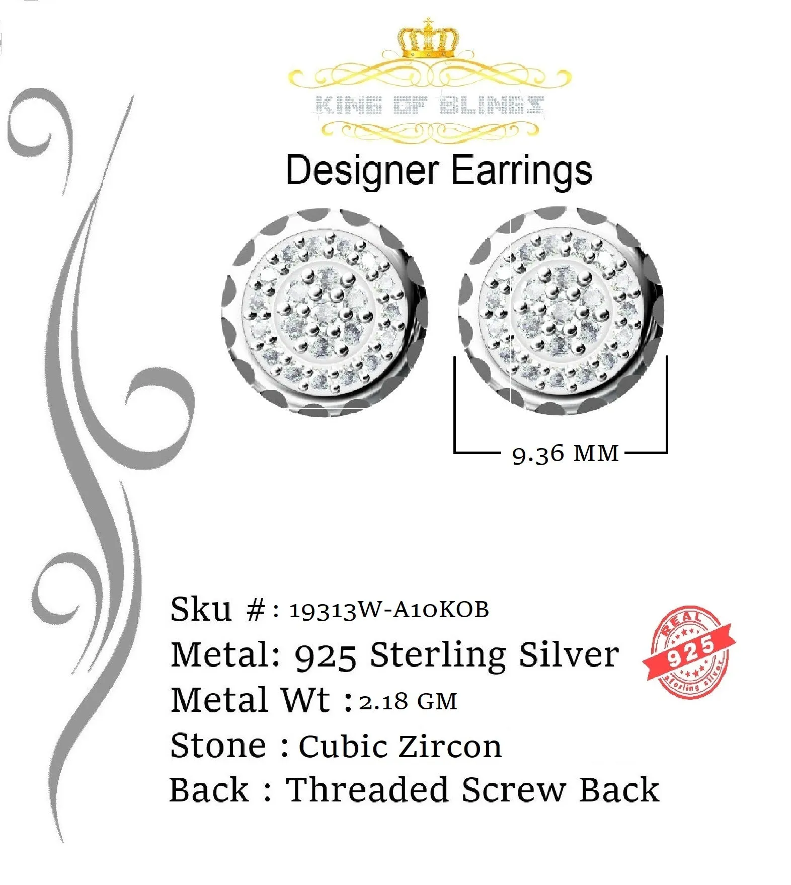 King of Blings- 3.45ct Cubic Zirconia 925 White Silver Women's & Men's Hip Hop Round Earrings