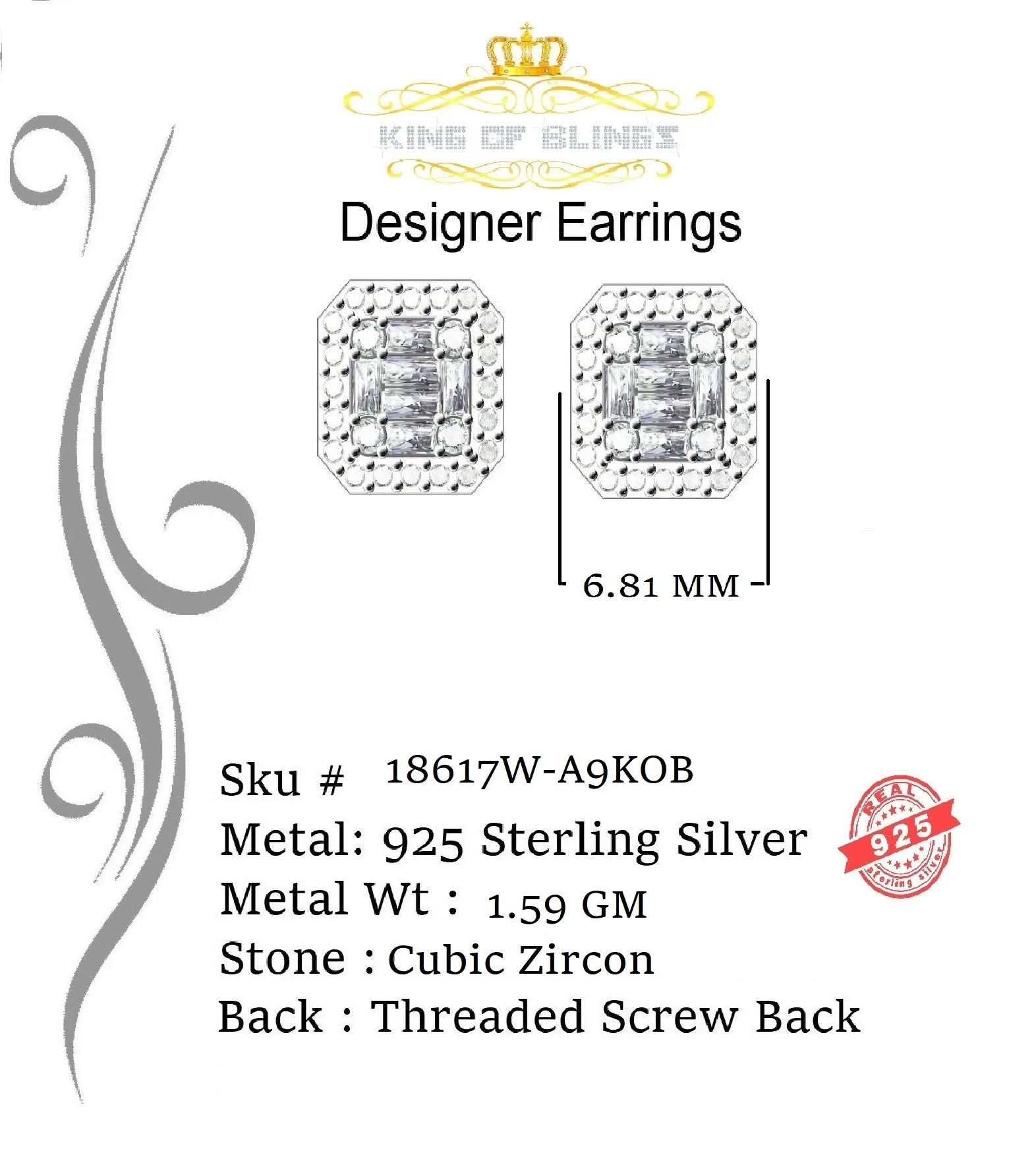 King of Blings- 925 Hip Hop White Sterling Silver 0.64ct Cubic Zirconia Women's Square Earrings