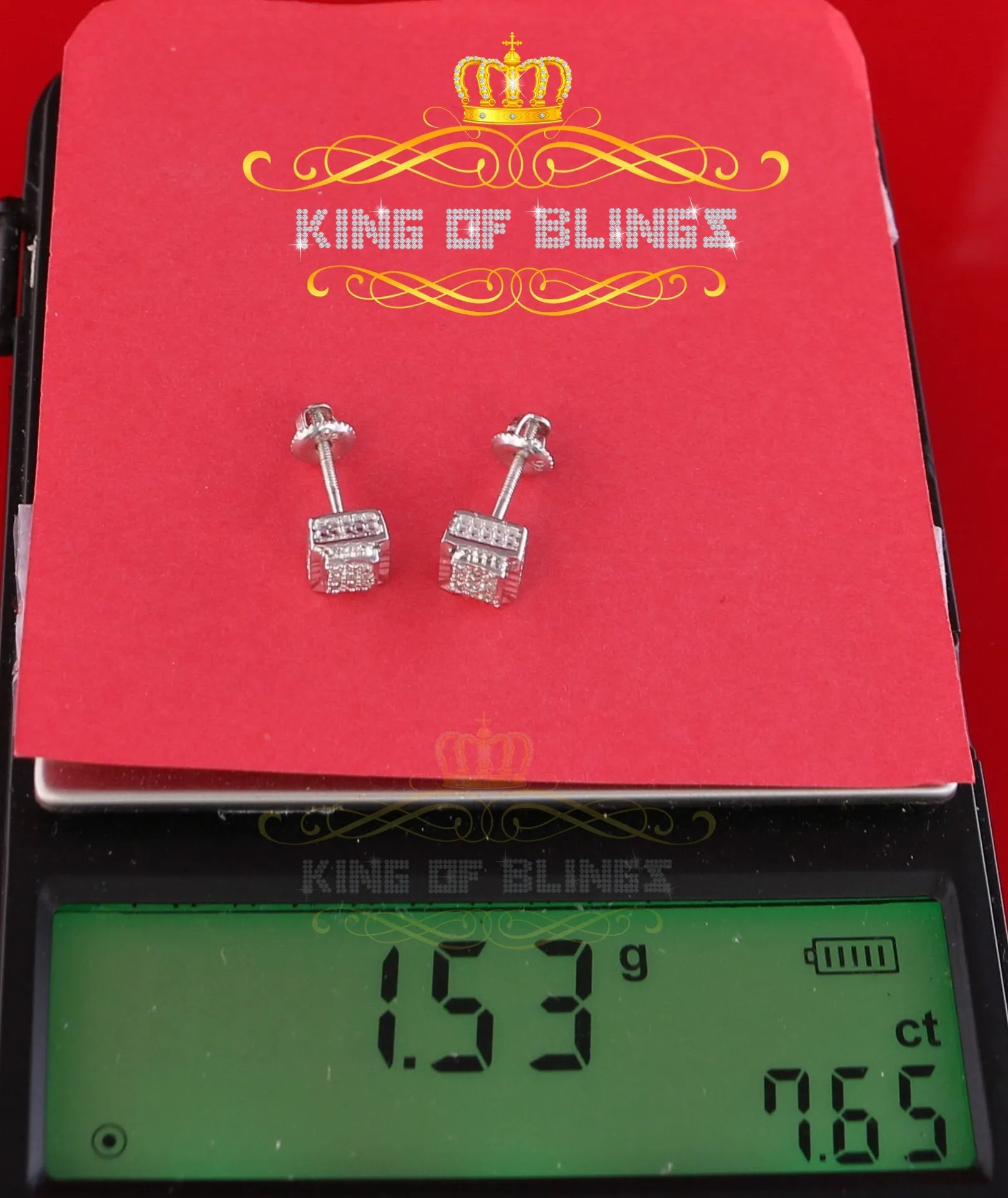 King Of Bling's 925 Sterling Silver 0.05ct Diamond White Square Earring For Men's / Women's