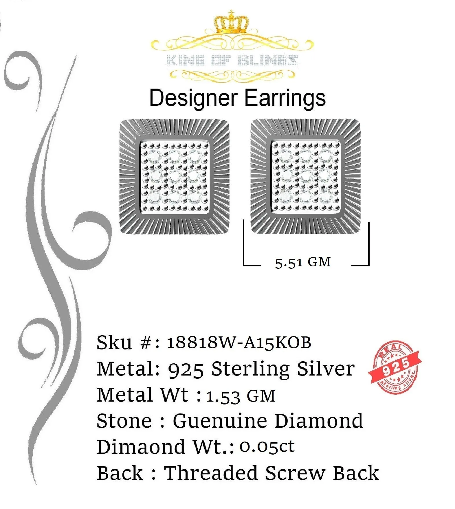 King Of Bling's 925 Sterling Silver 0.05ct Diamond White Square Earring For Men's / Women's