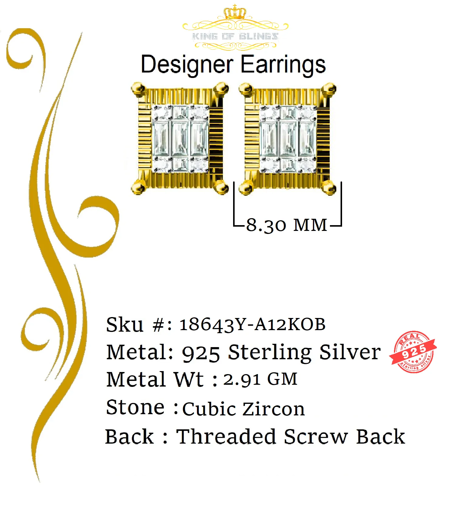 King of Bling's 925 Yellow 0.44ct Cubic Zirconia Silver Women's & Men's Hip Hop Square Earrings
