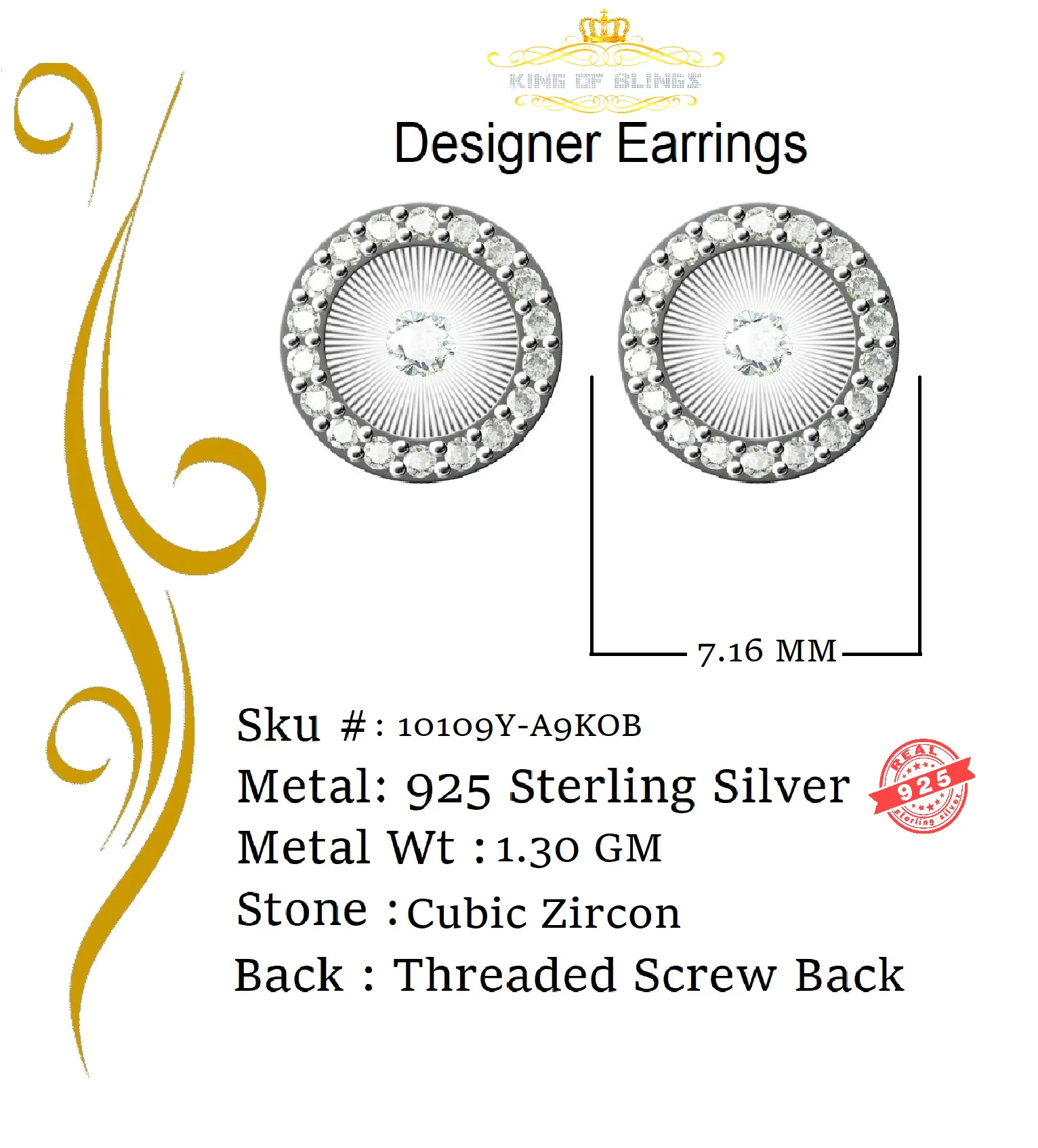 King of Bling's 925 Yellow Silver 1.28ct Cubic ZirconiaFashion Women's/ Men's Round Earrings