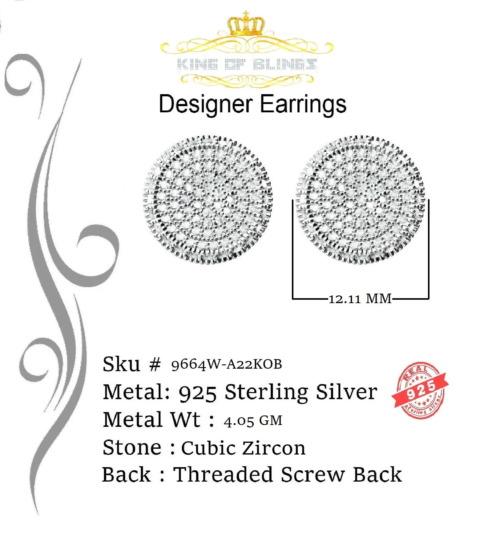 King of Blings- Aretes Para Hombre 925 White Silver 1.94ct Cubic Zirconia Round Women's Earrings