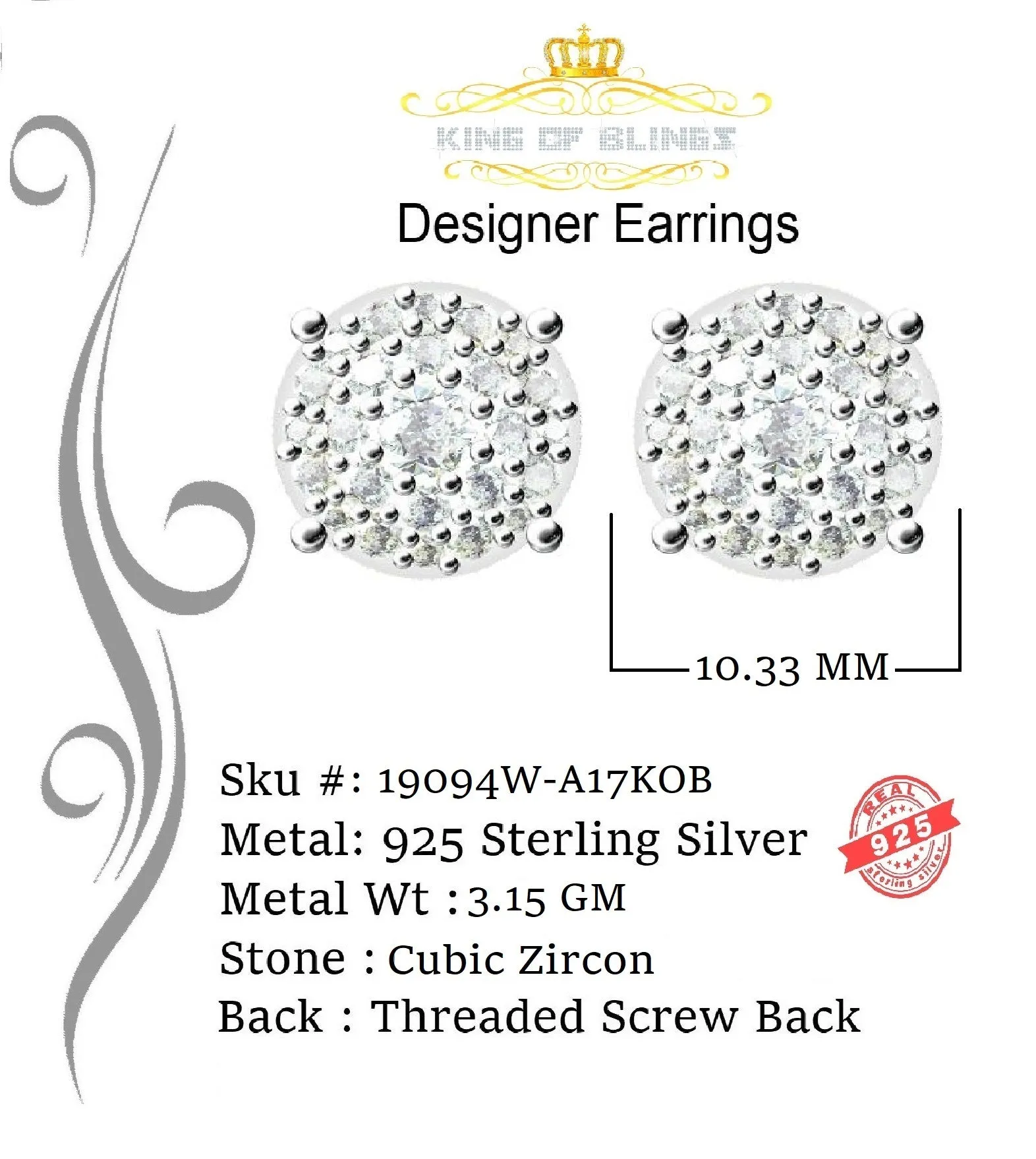 King of Blings- Aretes Para Hombre 925 White Silver1.22ct Cubic Zirconia Round Women's Earrings