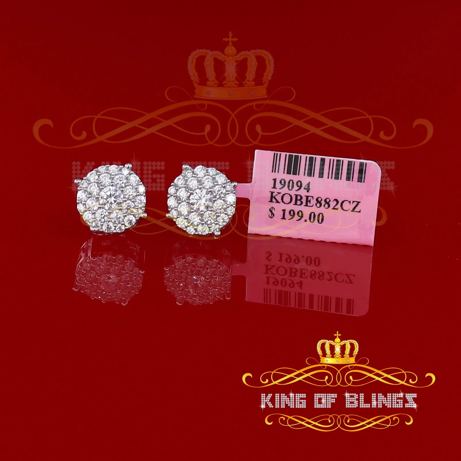 King of Blings- Aretes Para Hombre 925 White Silver1.22ct Cubic Zirconia Round Women's Earrings