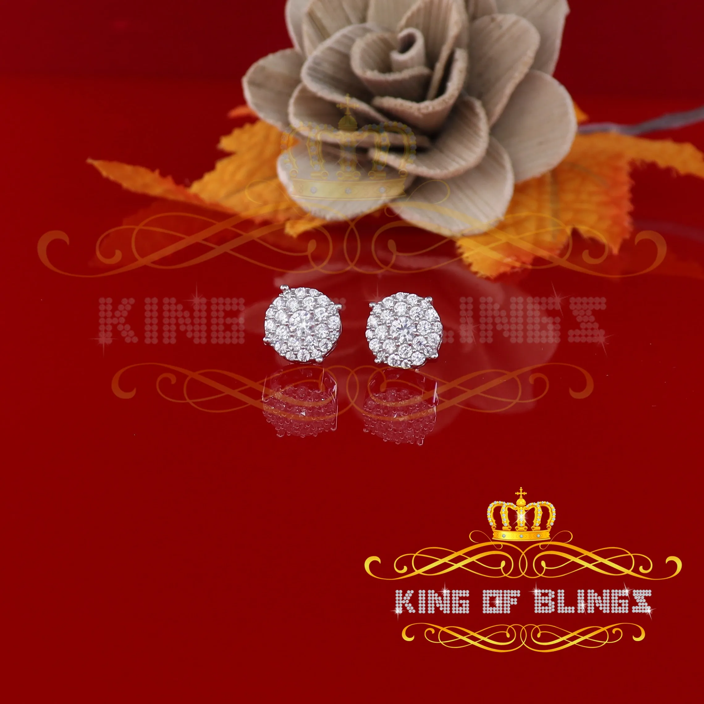 King of Blings- Aretes Para Hombre 925 White Silver1.22ct Cubic Zirconia Round Women's Earrings