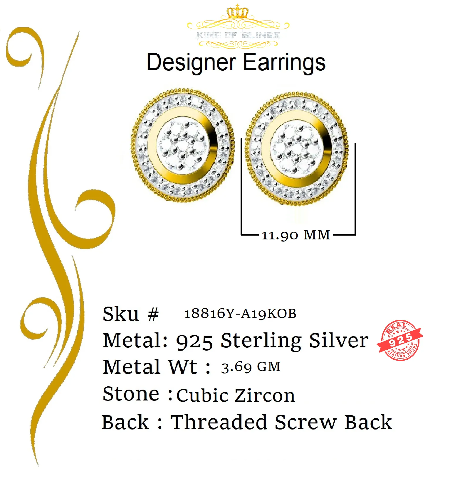King of Bling's Aretes Para Hombre 925 Yellow Silver 1.78ct Cubic Zirconia Round Women's Earring