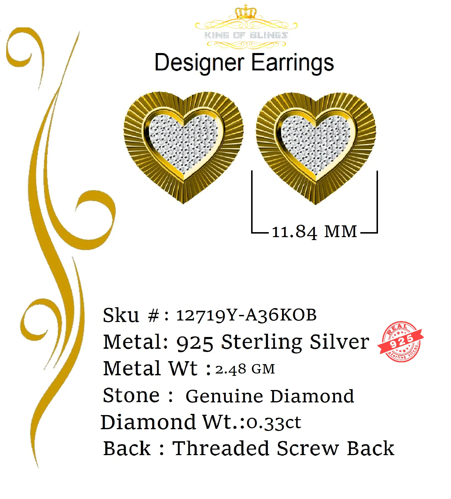 King of Blings-Aretes Para Hombre Heart 925 Yellow Silver 0.33ct Diamond Women's /Men Earrings