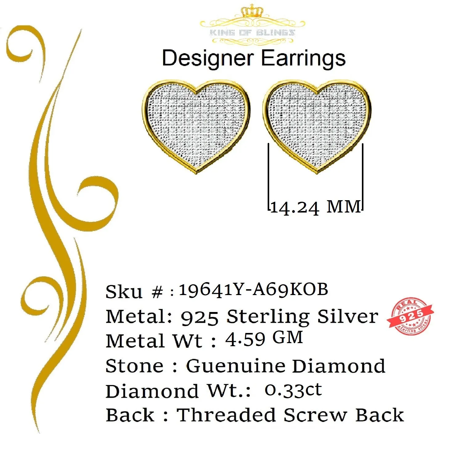 King of Blings-Micro Pave 0.33ct Real Diamonds 925 Yellow Silver Women's & Men's Heart Earrings
