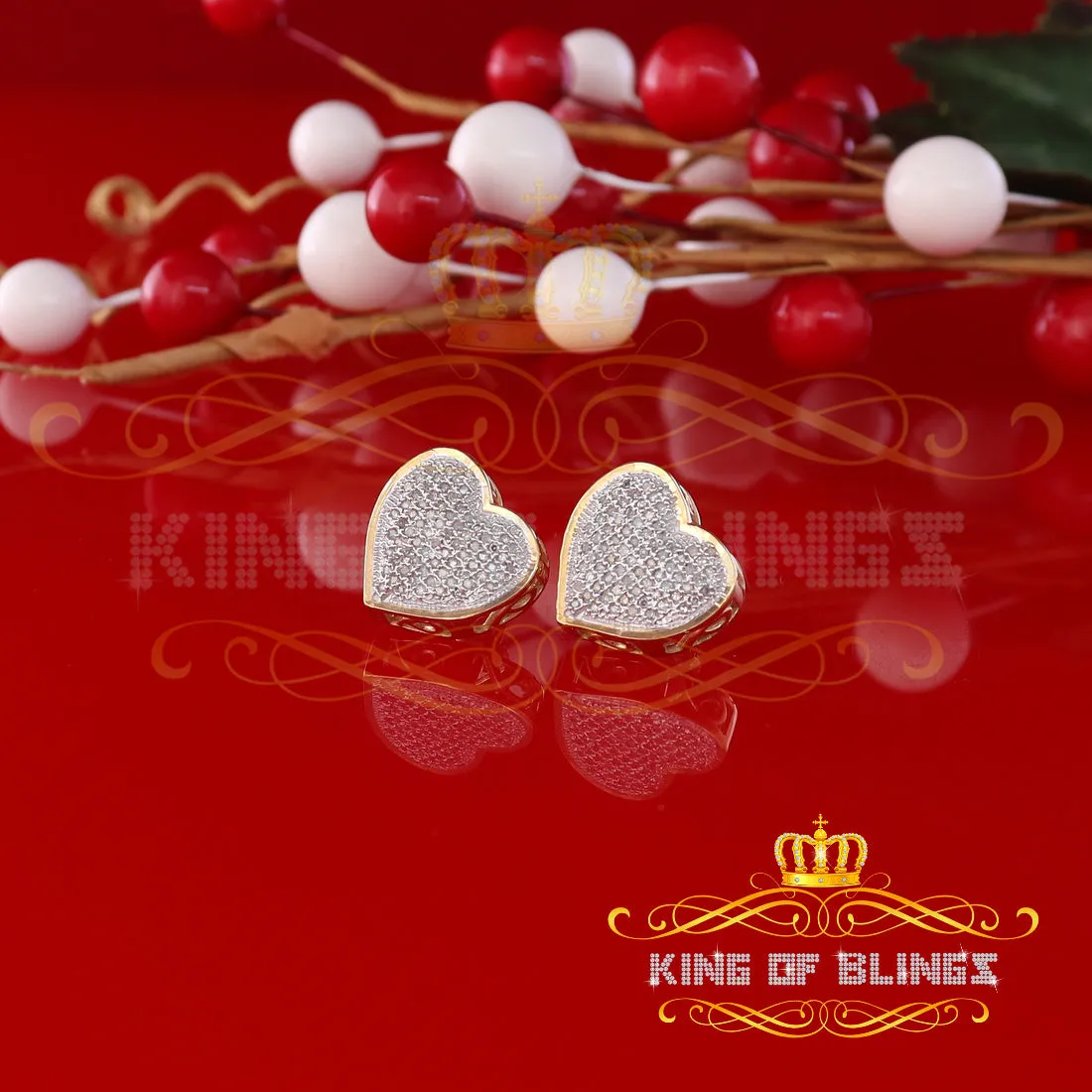 King of Blings-Micro Pave 0.33ct Real Diamonds 925 Yellow Silver Women's & Men's Heart Earrings