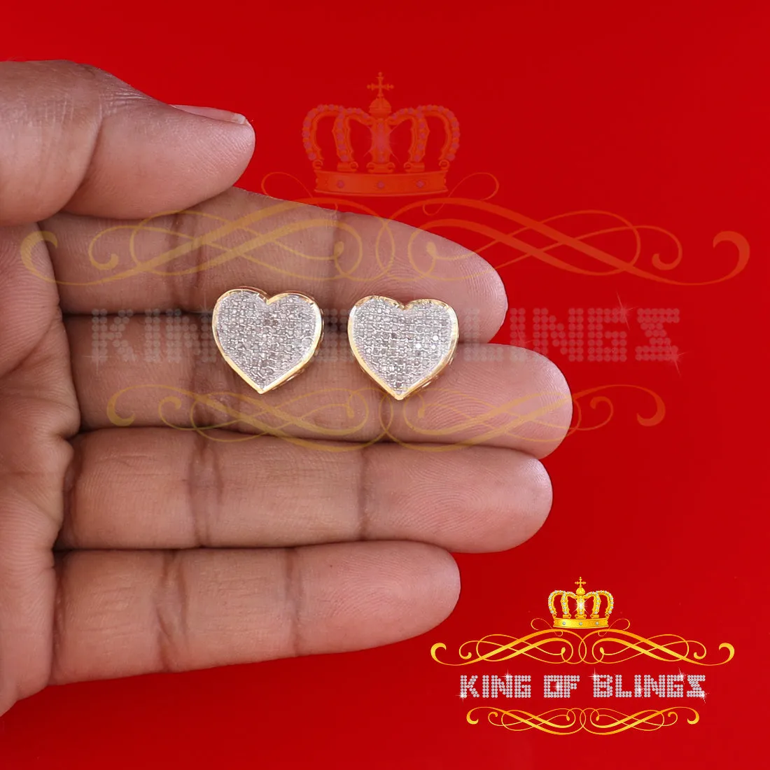 King of Blings-Micro Pave 0.33ct Real Diamonds 925 Yellow Silver Women's & Men's Heart Earrings