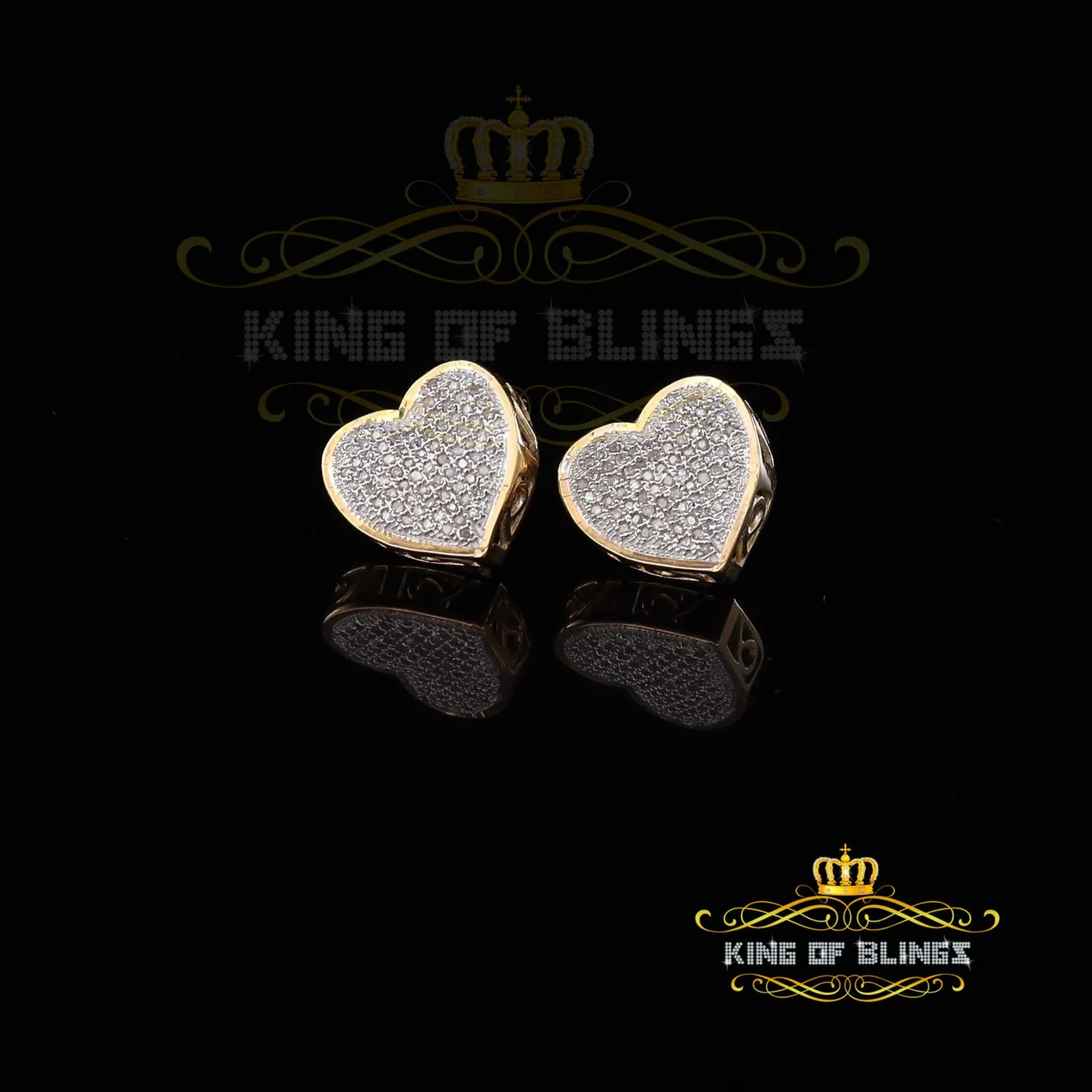 King of Blings-Micro Pave 0.33ct Real Diamonds 925 Yellow Silver Women's & Men's Heart Earrings