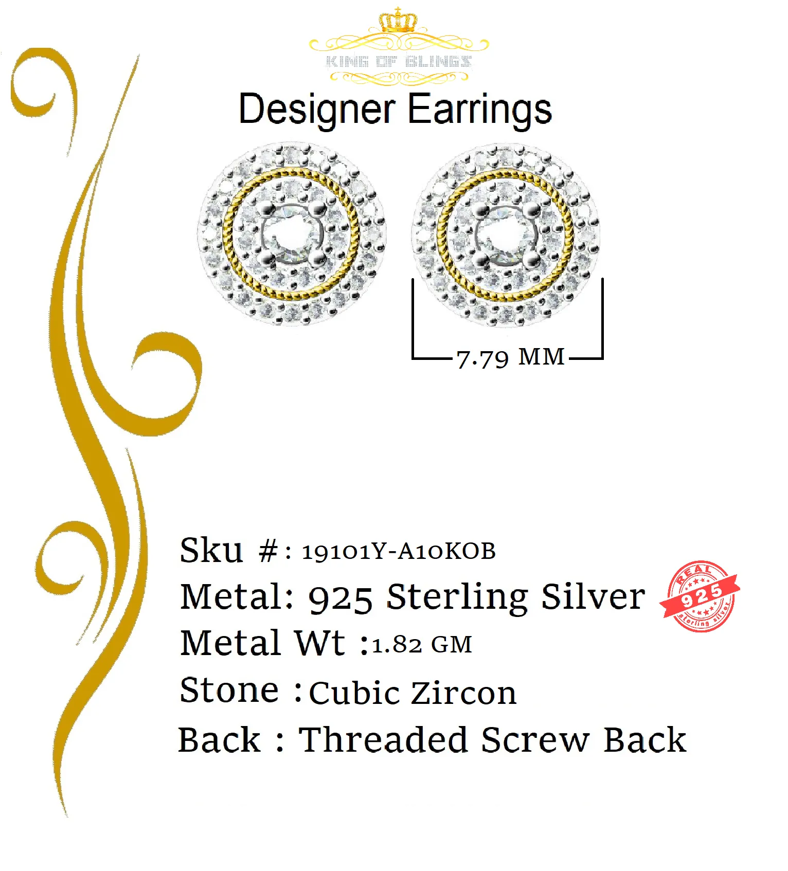 King of Bling's Yellow Sterling Silver 0.78ct Cubic Zirconia Ladies 925 Hip Hop Round Earrings
