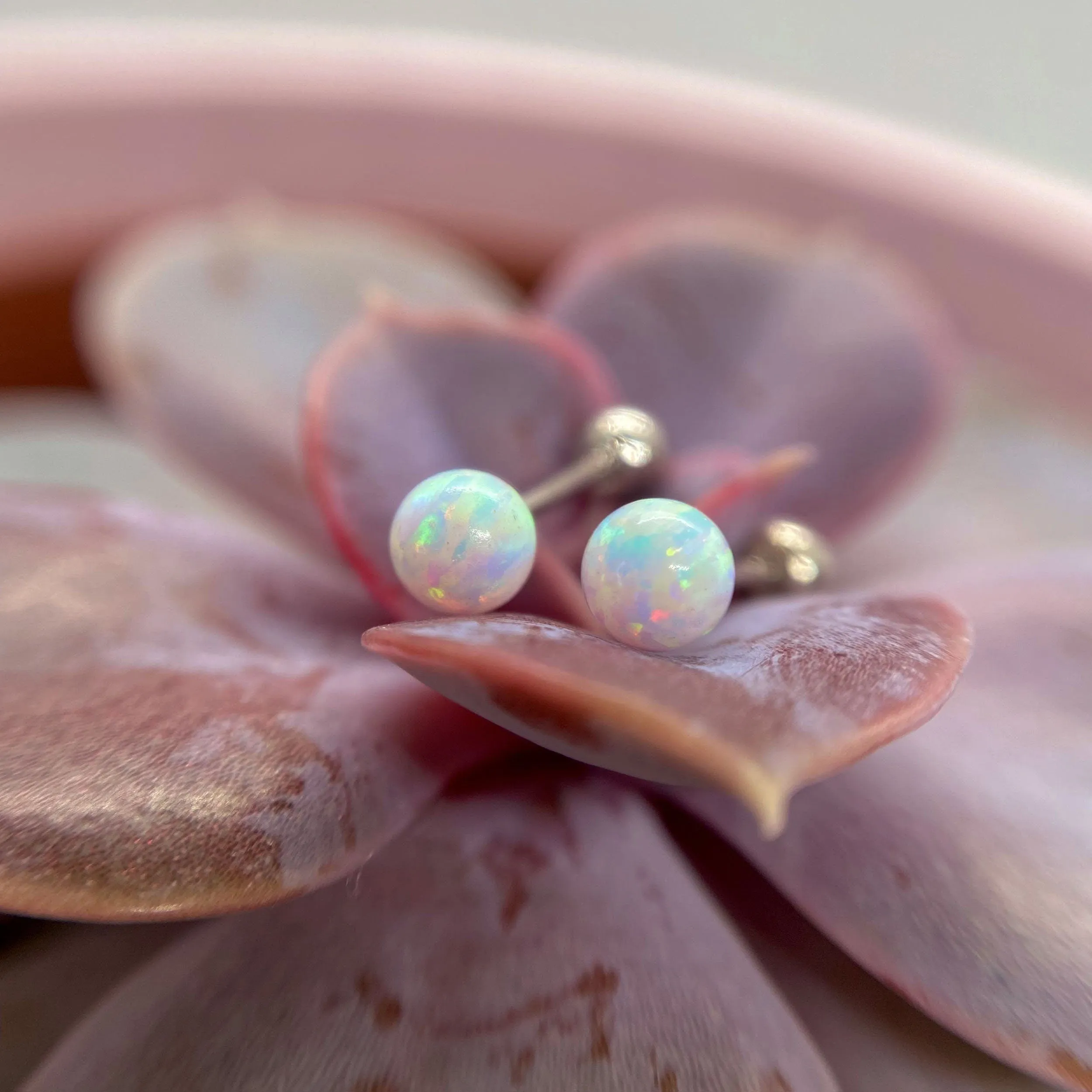 Lab Blue White Opal 6mm Ball Screw Back Sterling Silver Stud Earrings