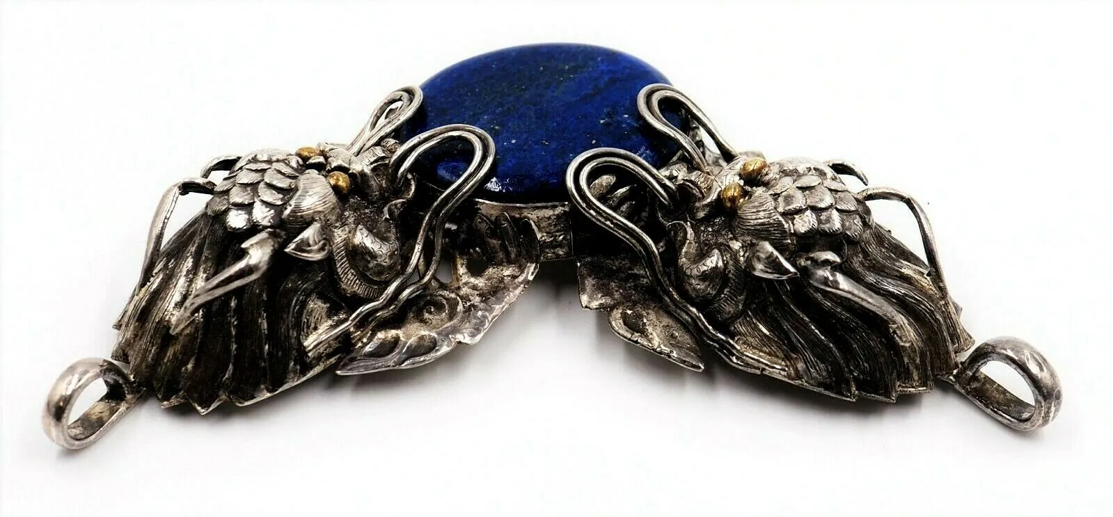 Lapis Lazuli & 925 Sterling Silver Dragon Pendant Vintage Statement Jewellery