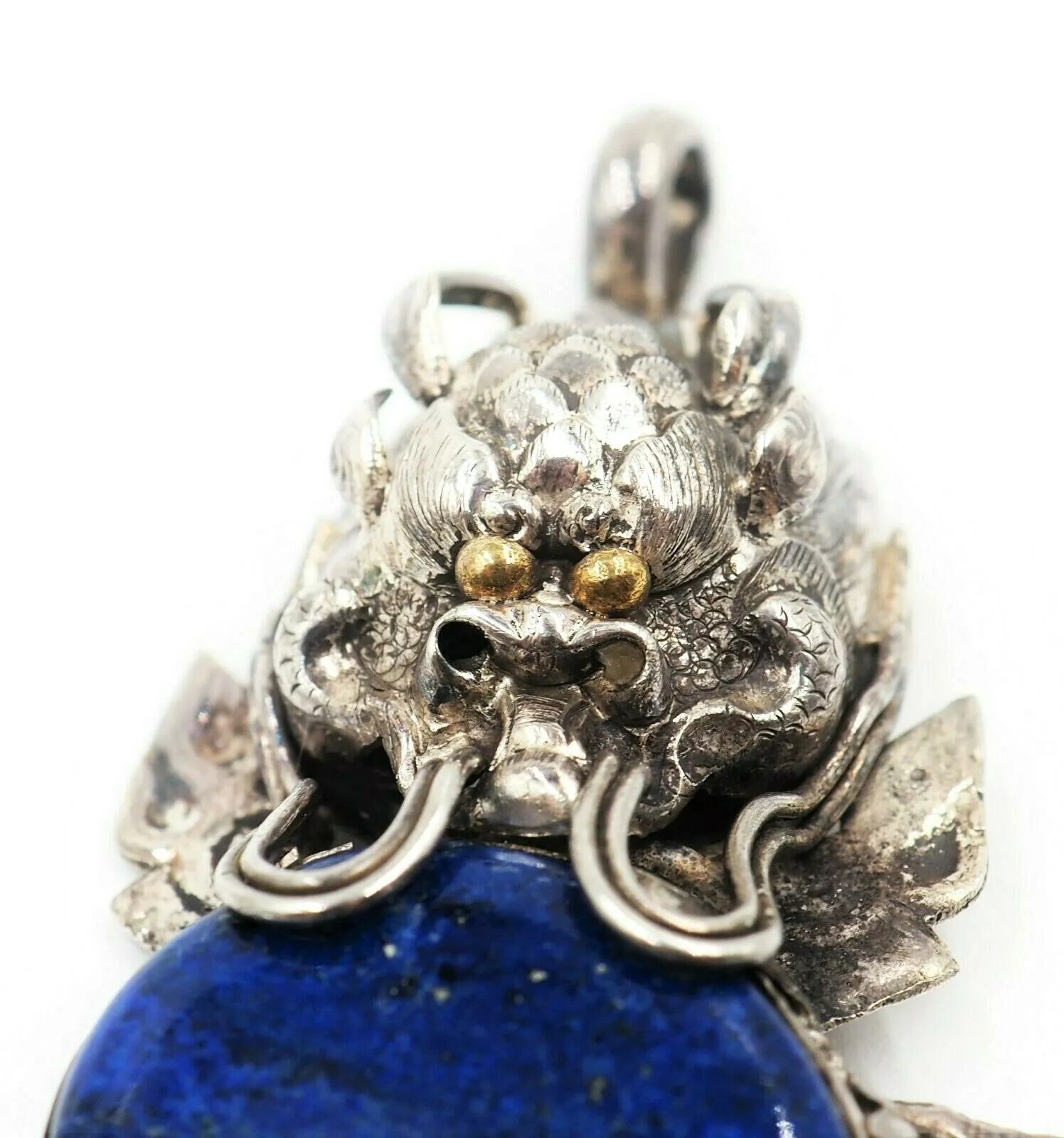 Lapis Lazuli & 925 Sterling Silver Dragon Pendant Vintage Statement Jewellery