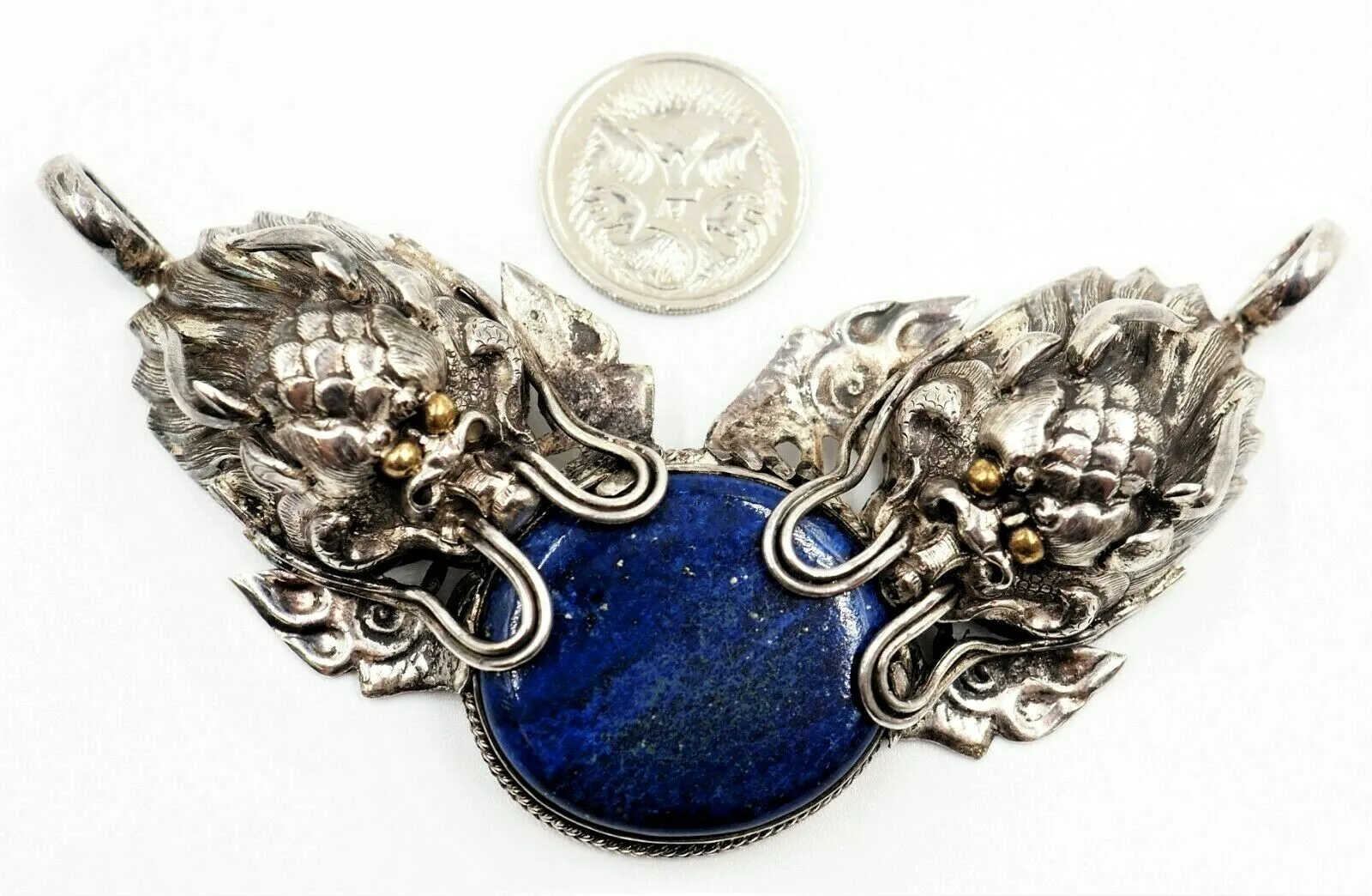 Lapis Lazuli & 925 Sterling Silver Dragon Pendant Vintage Statement Jewellery
