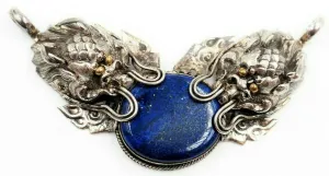 Lapis Lazuli & 925 Sterling Silver Dragon Pendant Vintage Statement Jewellery