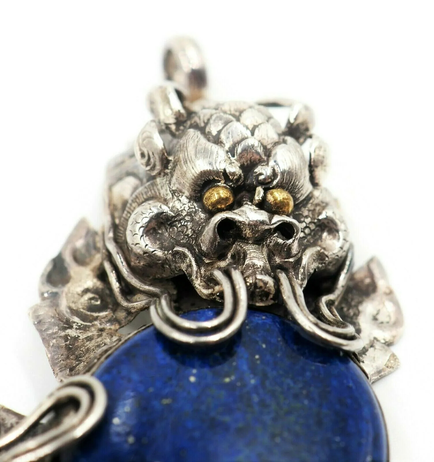 Lapis Lazuli & 925 Sterling Silver Dragon Pendant Vintage Statement Jewellery
