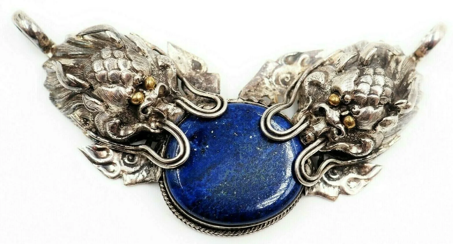 Lapis Lazuli & 925 Sterling Silver Dragon Pendant Vintage Statement Jewellery