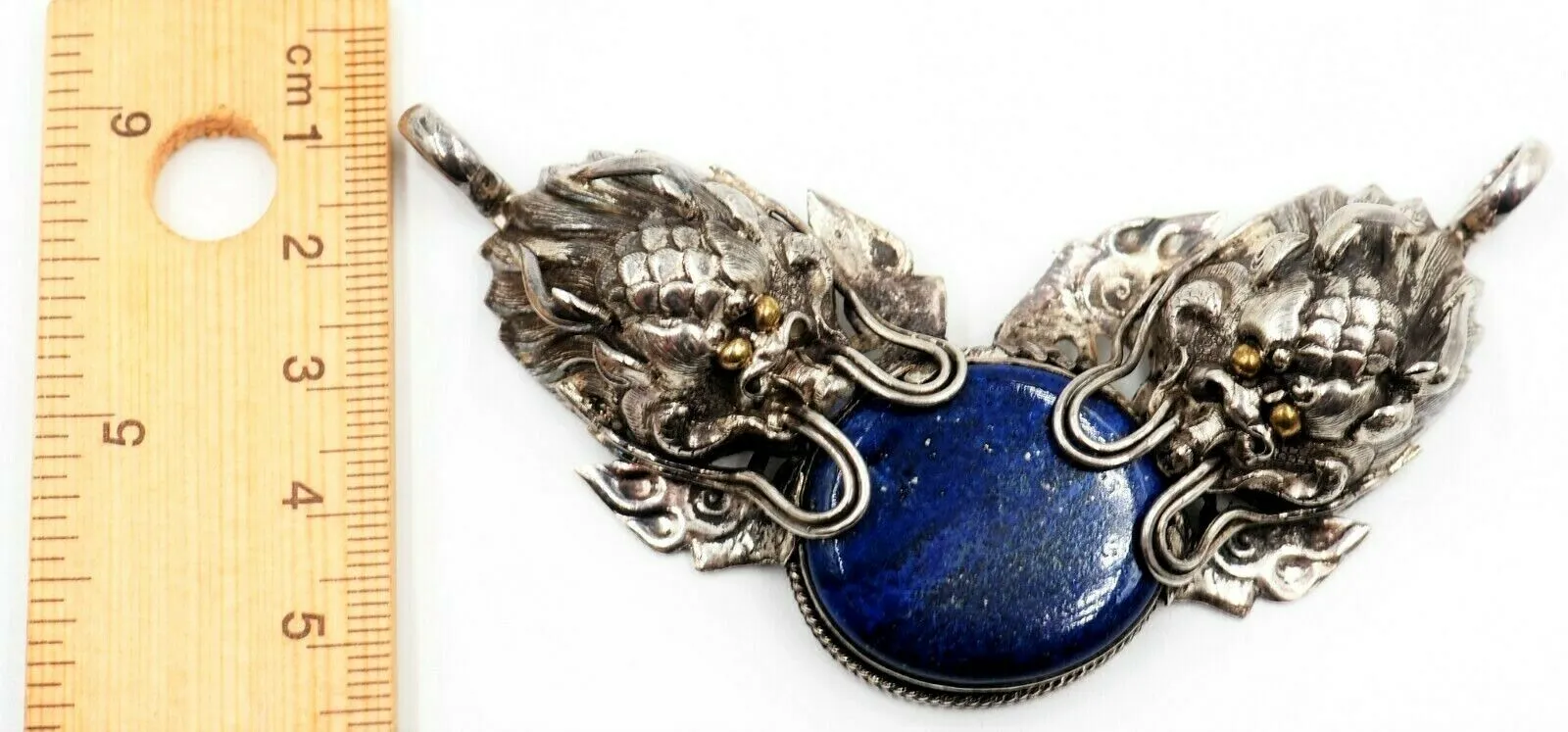 Lapis Lazuli & 925 Sterling Silver Dragon Pendant Vintage Statement Jewellery
