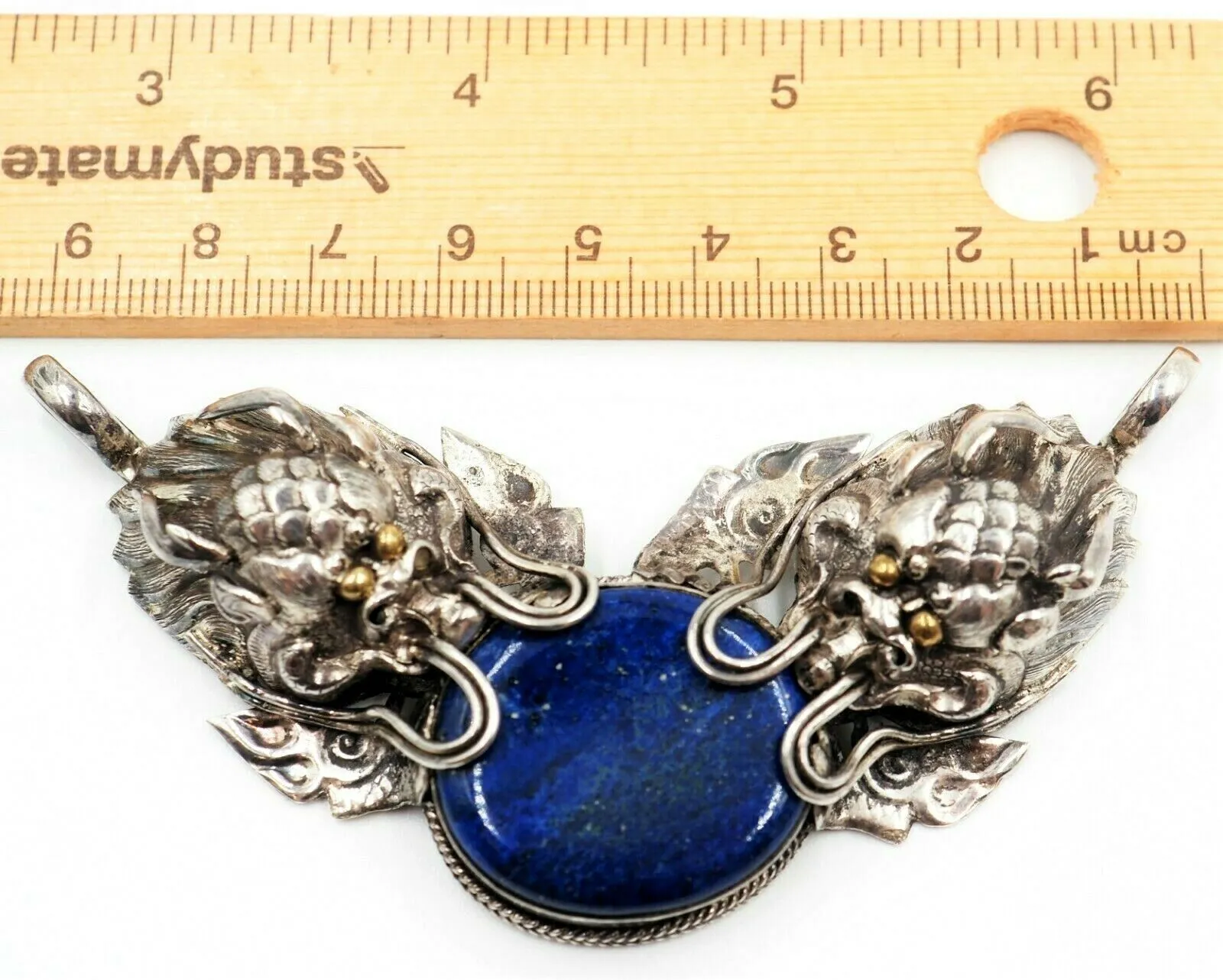 Lapis Lazuli & 925 Sterling Silver Dragon Pendant Vintage Statement Jewellery