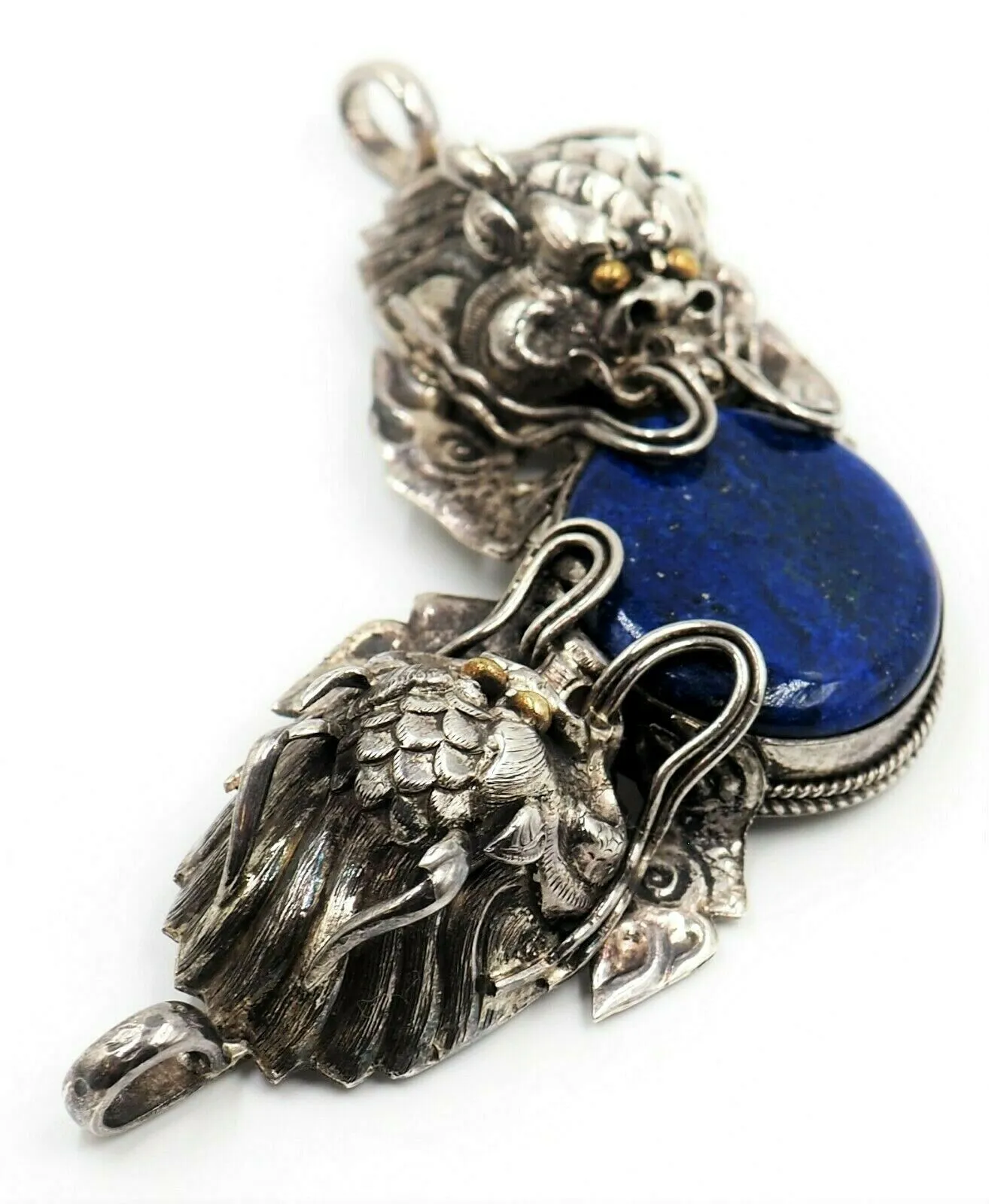 Lapis Lazuli & 925 Sterling Silver Dragon Pendant Vintage Statement Jewellery