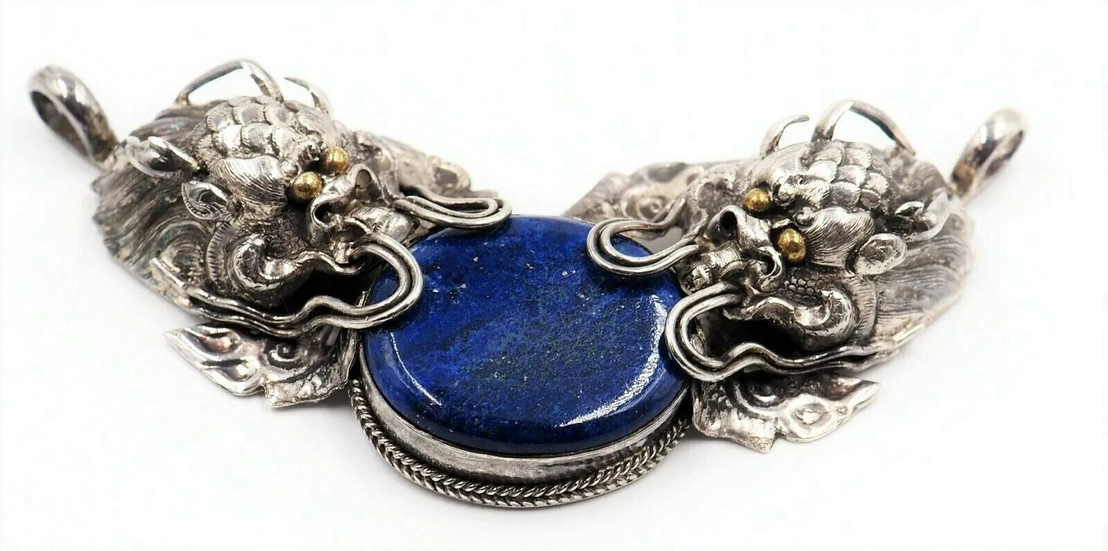 Lapis Lazuli & 925 Sterling Silver Dragon Pendant Vintage Statement Jewellery
