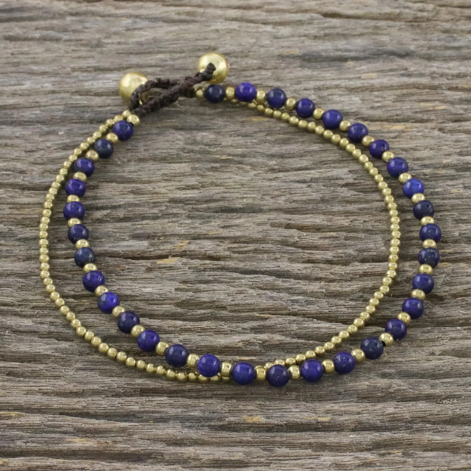 Lapis Lazuli and Brass Beaded Anklet from Thailand - Ringing Beauty | NOVICA
