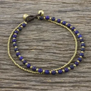 Lapis Lazuli and Brass Beaded Anklet from Thailand - Ringing Beauty | NOVICA